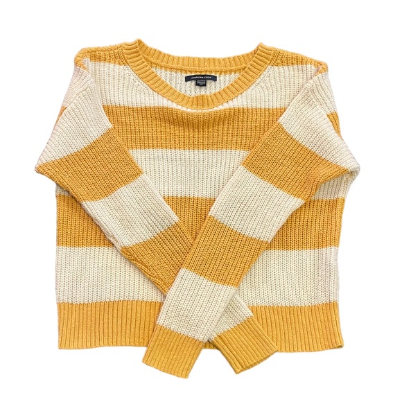 American Eagle Striped Long Sleeve Sweater | Yellow & White | Women's XS - Picture 4 of 10